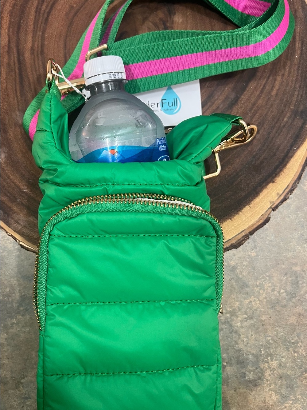 Bright Green Puffer Crossbody with Pink-Striped Strap WanderFull brand new!